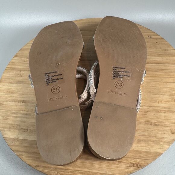 Steve Madden Sandals 8.5 M Starie Rhinestones Strappy Flats Beige Square Toe Tan - Picture 5 of 6